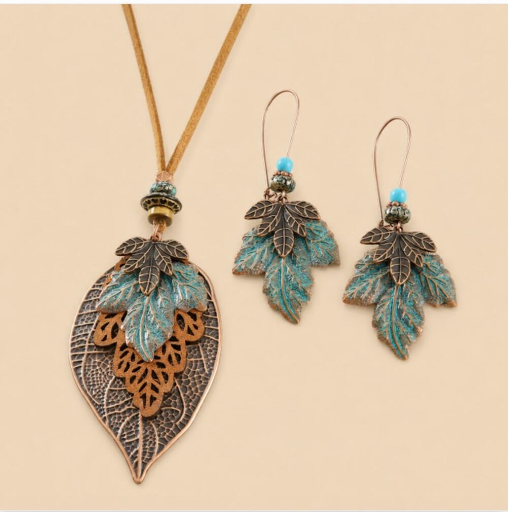 Boho Tribal Leaf Design Pendant Necklace and Earrings Set Faux Suede Cord